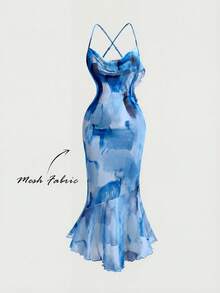 MOD Vestido de tubo con estampado degradado, cuello asimétrico y cruzado, y cola de pez para mujer - Azul - Ver 3