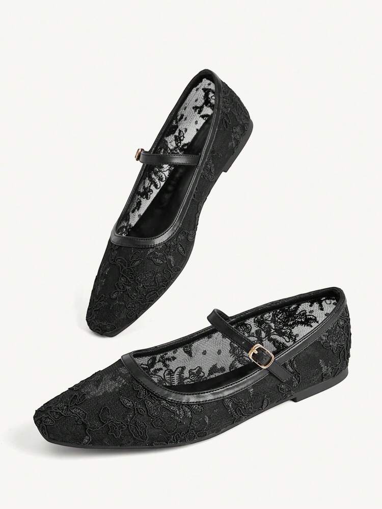 CUCCOO CHICEST Women Shoes Small Square Toe Flat Bottom Lace Mesh Breathable Women's Low Vamp Flat Sole Shoes Light, Comfortable And Simple Commuting Daily Versatile Mary Jane Women Flat Sole Shoes