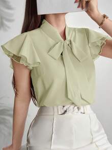 Modelyn Women's Elegant Solid Color Tie-Neck Blouse - Mint Green - View 6