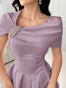 Modelyn Asymmetrical Neck Rhinestone Decor Pleated Elegant Dress For Women - Mauve Purple - View 4