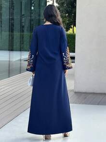 Al Najma Women's Floral Embroidery Patchwork V-Neck Elegant Arabic Style Long Sleeve Dress - Blue - View 3