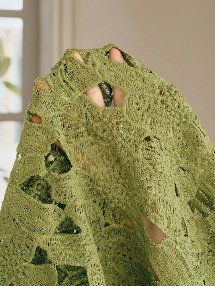 Deep V-Neck Green Hollow Crochet Loose Long Dress, Elegant, Formal, Party, Chic, Work, Graduation