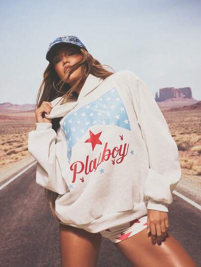 Missguided x Playboy 女士Logo超大号套头连帽衫，印有美国国旗图案，7月4日爱国休闲卫衣，7月4日