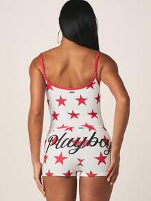 Missguided x Playboy 星形印花吊带背心和短裤套装，两件套，红白图案，适合节日、夏季、睡衣、家居服，七月四日 - 彩色 - 查看 4