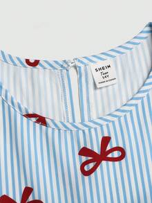 SHEIN Đầm hè dáng suông cổ tròn màu xanh trắng kẻ sọc in nơ dành cho nữ tuổi teen, có bèo nhún ở gấu. - Xanh và trắng - Xem 3