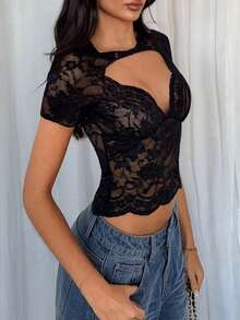 TRNVIE Women's Sexy Sheer Lace Hollow Out Fitted Top, Summer Golf Pastal - Black - View 5