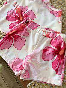 SHEIN Baby Girl Outfits 6Months-3year 2pcs/Set Beige Summer Cute Vacation Holiday Sleeveless Ruffled Flower Printing Top And Short Pants Casual Loose Suit - Hot Pink - View 4