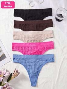 SHEIN 5条装女士加大码基本款纯色无缝舒适罗纹针织性感丁字裤 - 彩色 - 查看 4