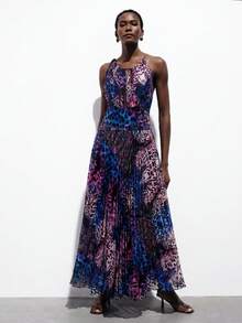 Aveloria Modichic Đầm chiffon in họa tiết, cổ yếm, vạt nhún, không tay - Màu tím - Xem 3