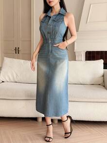 DAZY Women's Casual Washed Pleated Pocket Sleeveless Denim Dress, Summer - Medium Wash - View 5