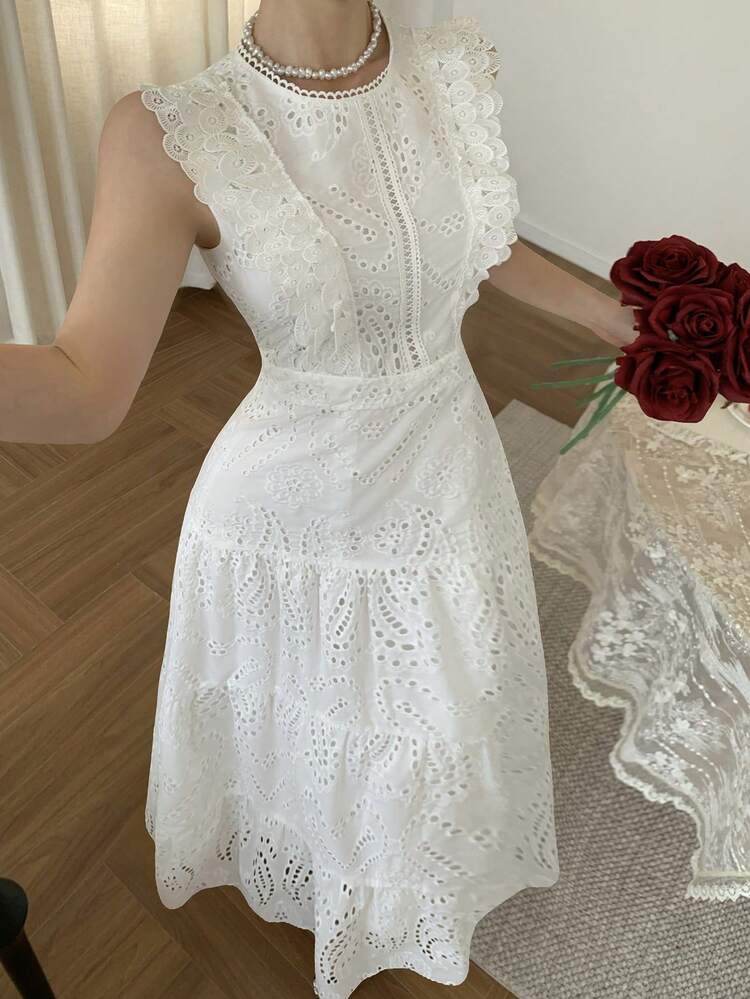 Elegant Lace White Long Dress, Casual & Suitable For Holidays, Spring/Summer