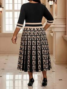 SHEIN Lady CURVE Plus Size Round Neck Raglan Sleeve Vintage Elegant Summer Dress Evening Black - Multicolor - View 2
