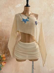 Soleia Ensemble top et mini-jupe asymétrique à deux sens avec motif de diamant et d'étoile de mer bohème pour femmes, tenue de vacances d'été à la plage, tenue de festival de musique country occidentale. Tenue de festival pour femmes, tenue de plage pour femmes, look country féminin - Nude - Voir 3