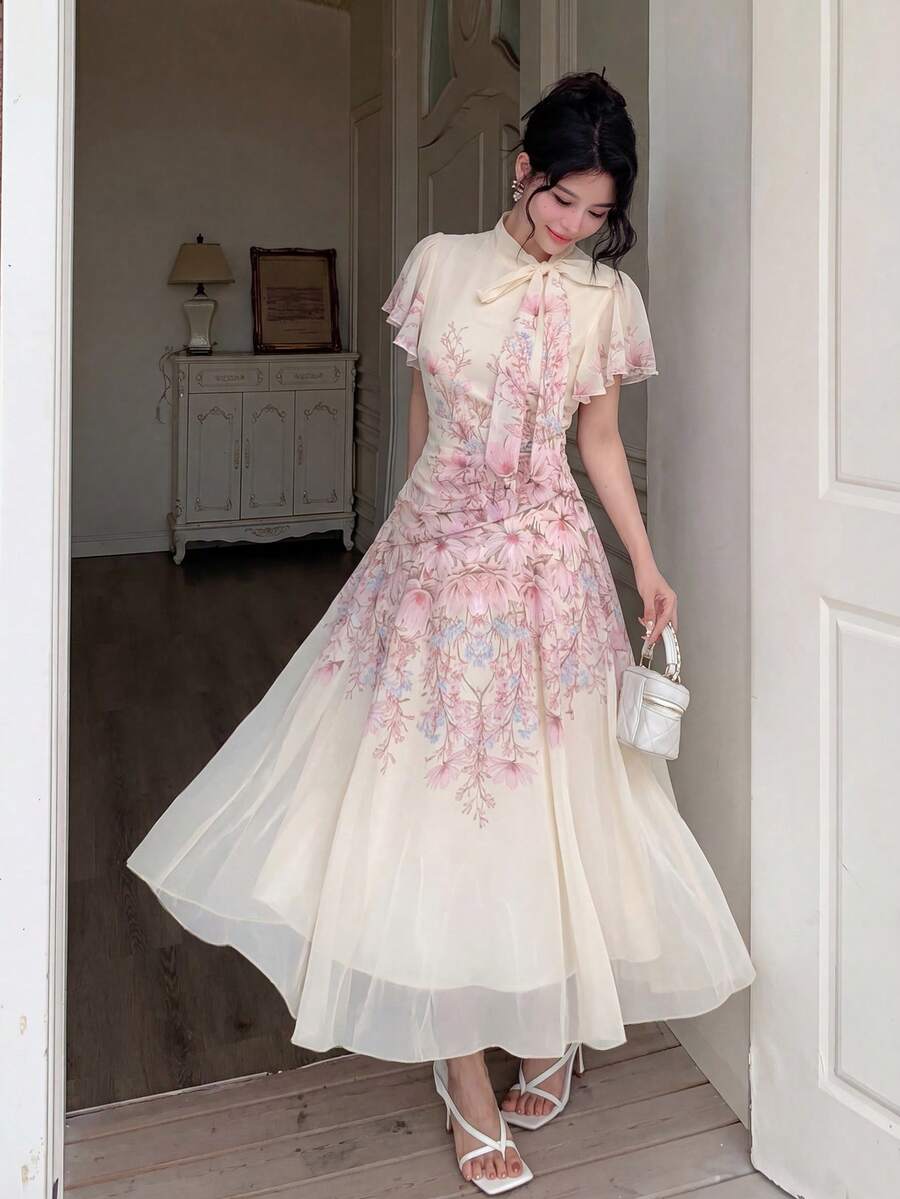 Modelyn 女士系带腰部褶皱印花喇叭连衣裙 - 粉色 - 查看 1