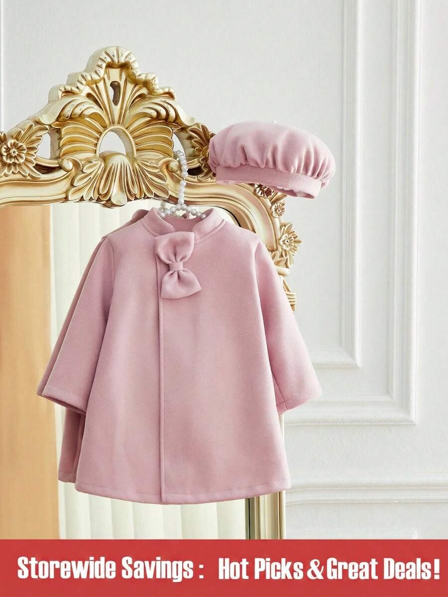 SHEIN جاكيت وقبعة سادة أنيقة للبنات الصغيرات, موسم الخريف/الشتاء - وردي فاتح - مشاهدة 1