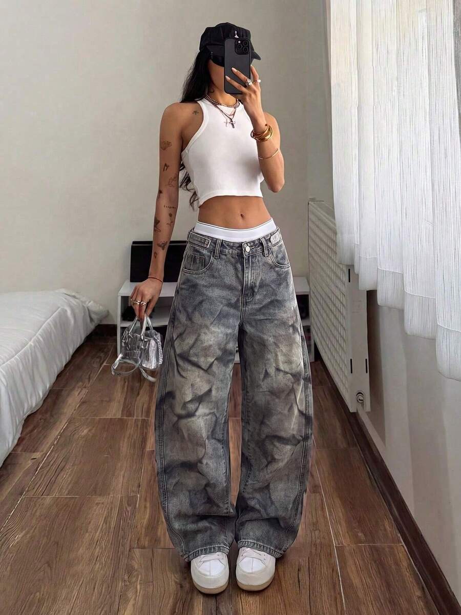 SHEIN 女士街头时尚口袋弯刀牛仔裤 - 藍色 - 查看 1