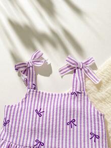 SHEIN 2件套女婴幼儿/新生儿0-3岁休闲日常可爱度假条纹蝴蝶结装饰吊带背心+短裤套装，春夏款 - 紫色 - 查看 3