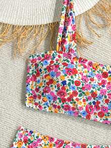SHEIN Conjunto de tankini de traje de baño con estampado floral pequeño para adolescentes, ideal para vacaciones de verano en la playa - Multicolor - Ver 3