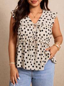 Elaquor Plus Size Women Polka Dot Tie Ruched Casual Versatile Daily Wear Shirt Casual Vacation Polka Dot Blouse For Women - Apricot - View 2