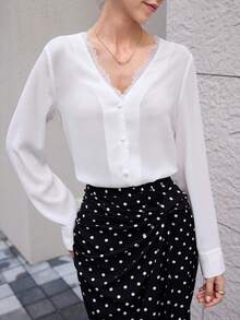 Modelyn Fashionable Basic Contrast Lace Long Sleeve Blouse, Slimming And Versatile Women Top Teachers' Day Golf White Autumn - White - View 4