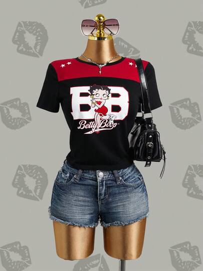 Betty Boop x SHEIN 女士休闲撞色卡通字母印花短款T恤，