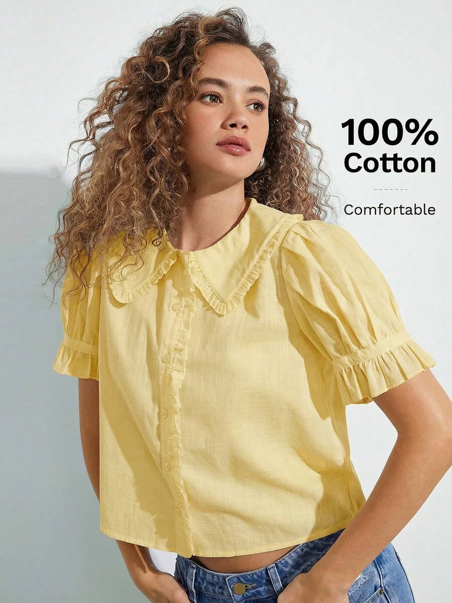 WESTFADE 100% Cotton Ruffle Collar Short Puff Sleeve Button Up Shirt Casual Cute Top, Spring, Summer, Casual, Cute, Boho, Nashville, Vacation, Beach, Rodeo, Country Concert Outfit, Nashville - Light Yellow - View 1