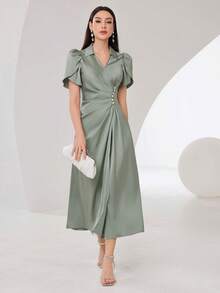 Modelyn Vestido con mangas cortas en forma de pétalo y plisado para mujer, vestido de fiesta elegante y largo para eventos - Verde - Ver 8