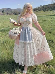 Lyrianda 大码新款时尚休闲碎花蕾丝拼接连衣裙 - 彩色 - 查看 6