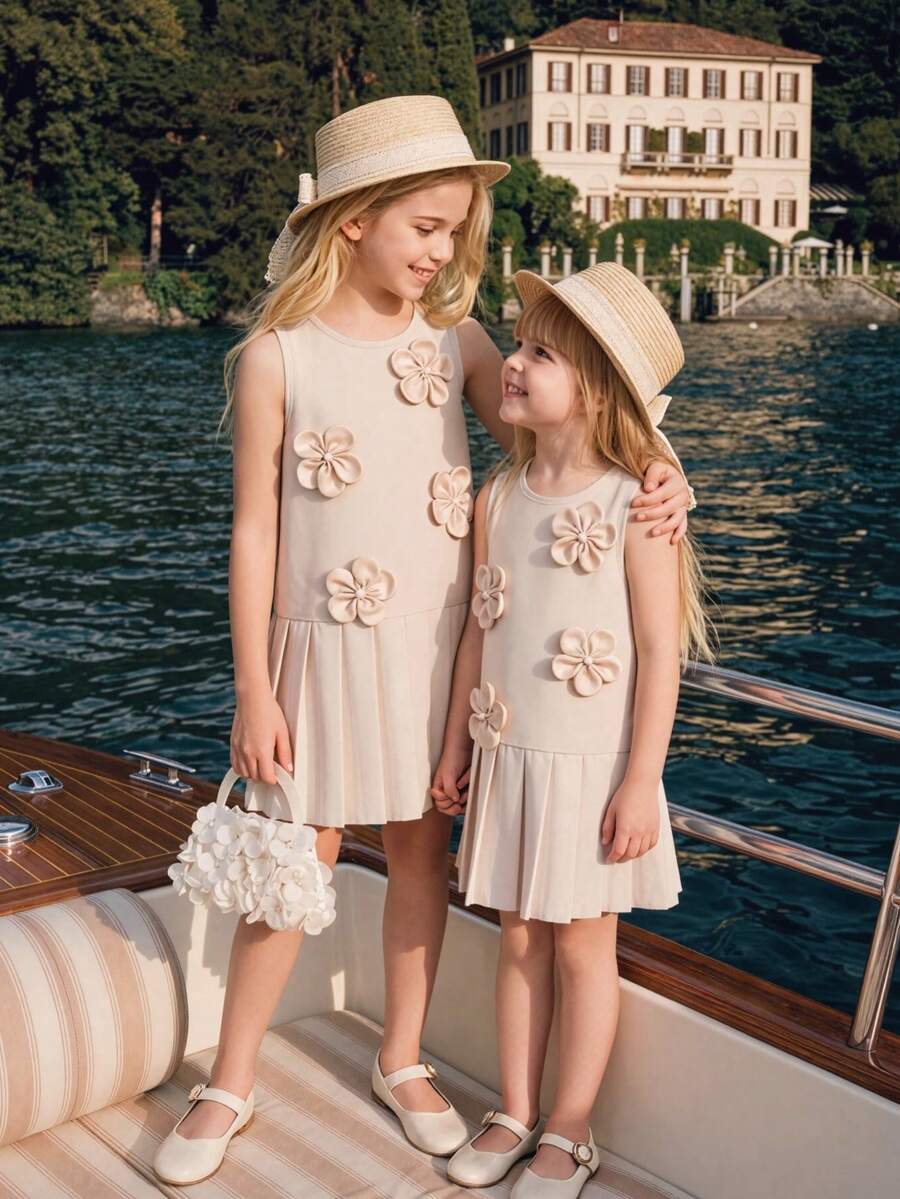 Elladie kids 少女圆领3D立体花卉装饰褶皱休闲度假连衣裙