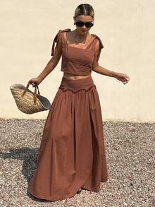DAZY Women's Solid Color Cropped Tie-Front Camisole & Ruffle Hem Long Skirt Elegant Summer 2-Piece Set Boho Short Sets For Women Vacation Outfits Women - Brown - View 5