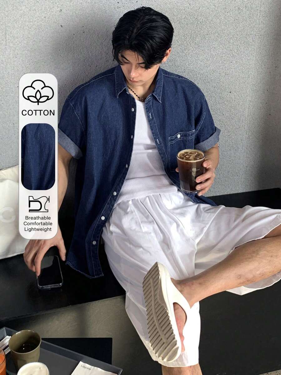 男士纯蓝色水洗牛仔衬衫，夏季款 - 藍色 - 查看 1