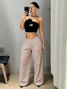 SHEIN ICON 女士Y2K低腰宽松阔腿及地长裤灰色竖条纹裤 - 棕色 - 查看 5