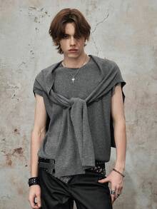 ROMWE MEN Street Life Men's Solid Color Knit Shawl Matched With Round Neck Knit Top Casual Suit - Light Grey - View 6
