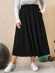 Modelyn Plus Drawstring Waist Slant Pockets Skirt Fall - Black - View 2