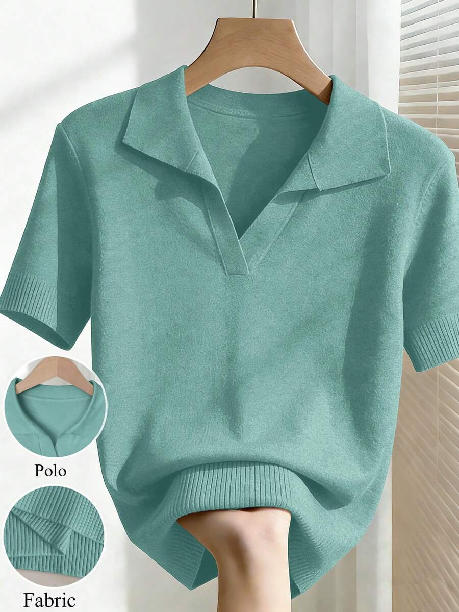 Franclia Blusa de punto ajustada de unicolor con cuello vuelto, manga corta raglán para mujer, primavera/verano - Verde - Ver 1