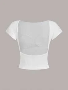 Áo thun nữ màu trắng cổ tròn, không lưng, không cần áo ngực, chất liệu 95% cotton, kiểu dáng tối giản, dễ phối đồ hàng ngày, thích hợp cho kỳ nghỉ hè. - trắng - Xem 5