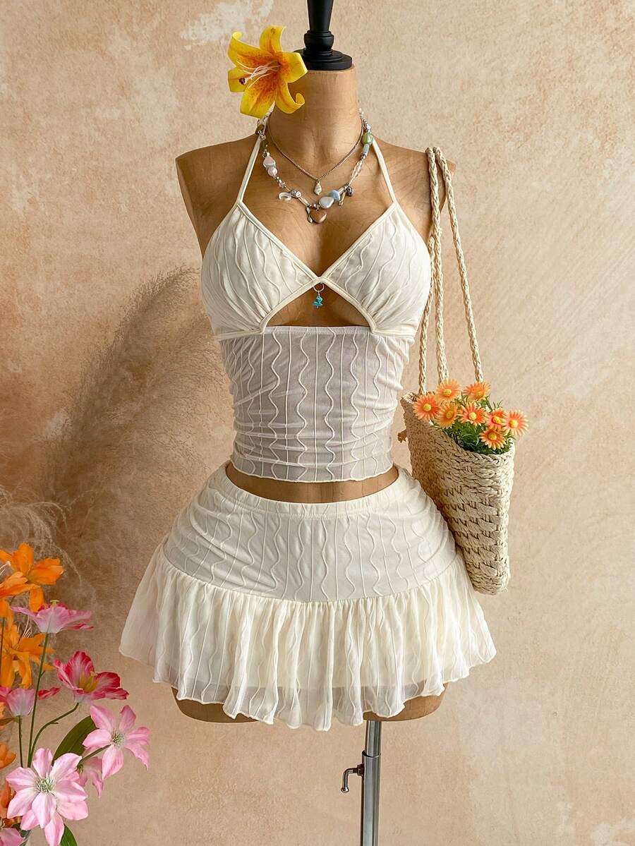 Soleia Women's Solid Color Sexy Spaghetti Strap Hollow Design Camisole And Mini Skirt 2 Pieces Set - White - View 1