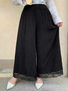 Dazy Plus Celana Panjang/Culottes Ukuran Besar Warna Polos dengan Potongan Lebar, Cocok untuk Semua Musim - Hitam - View 1