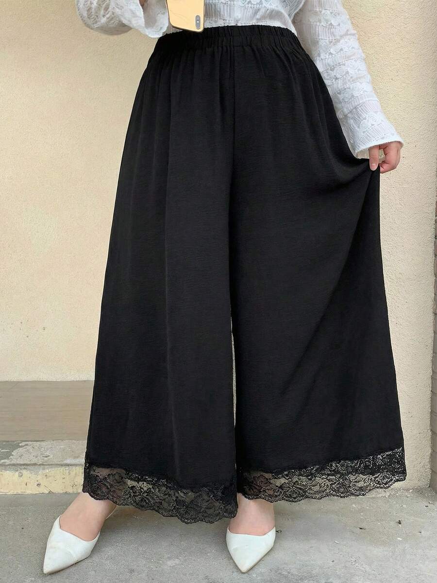 Dazy Plus Celana Panjang/Culottes Ukuran Besar Warna Polos dengan Potongan Lebar, Cocok untuk Semua Musim - Hitam - View 1