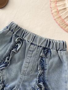 SHEIN LMoss Kids 女婴蓝色夏季休闲荷叶边松紧腰牛仔短裤 - 藍色 - 查看 3
