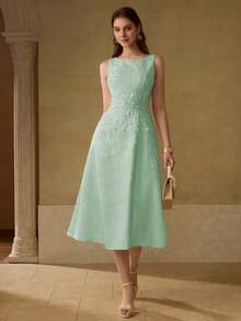 MOTF PREMIUM ROSE JACQUARD DIAMOND EMBELLISHED ELEGANT SLEEVELESS MIDI DRESS - Aqua Green - View 3