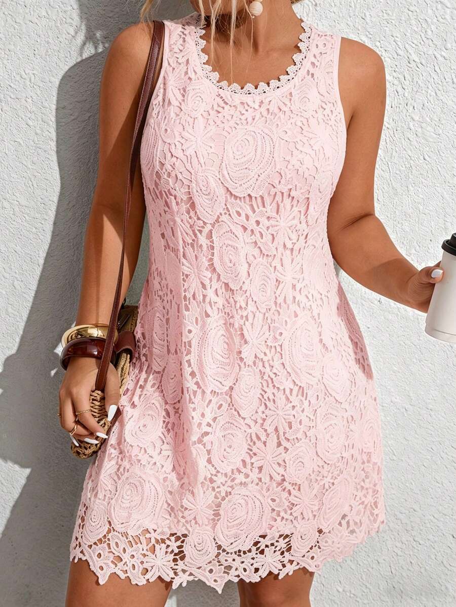 Breezaya Elegant White Lace Trim Plus Size Women Sleeveless Round Neck Dress, Spring/Summer - Baby Pink - View 1