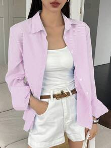 DAZY 女士条纹印花纽扣前开襟休闲长袖衬衫 - 淺粉色 - 查看 3