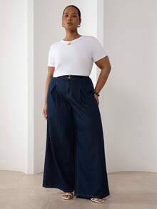 ELLERISSA Curve Elegant Pleat Front Denim Wide Leg Pants With Silver Buttons For Women, Dark Blue High Waist Pleated Wide Leg Jeans, Casual Streetwear, Denim Trousers, Plus Size Bottoms For Women, Everyday Wear, Silver Button Denim Pants, Office Outfits, Professional Wear, Spring Outfits, Relaxed Fit Denim Trousers - Blue - View 7