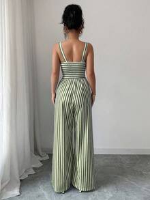 Elenzga Women's Striped Fashionable Versatile Front Knot Slit Leg Jumpsuit - Army Green - View 2