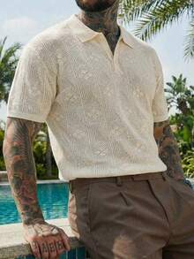 DAZY Men's Short Sleeve Polo Neck Knit Top, Summer - White - View 3