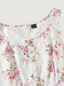 Skyraze Floral Print Round Neck Low Waist Bow Tie Mini Dress, Summer Dresses For Women, Picnic Vacation White And Pink And Cottage Core Cute Sexy Golf - Pink - View 5
