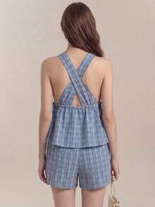 Muvela Ensemble 2 pièces femme top froncé à carreaux et short à cordon de serrage à la taille. Tenue décontracté pour tous les jours, style rétro college. Convient à diverses occasions : vintage, élégant, bureau, décontracté, romantique, esthétique années 90, fête, invité de mariage, basique, minimaliste. - Multicolore - Voir 7