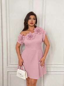 Femmeverse Plus Size Women's Solid Color Floral Decor Ruched Shoulder Design Fashionable Short Dress - Pink - View 6