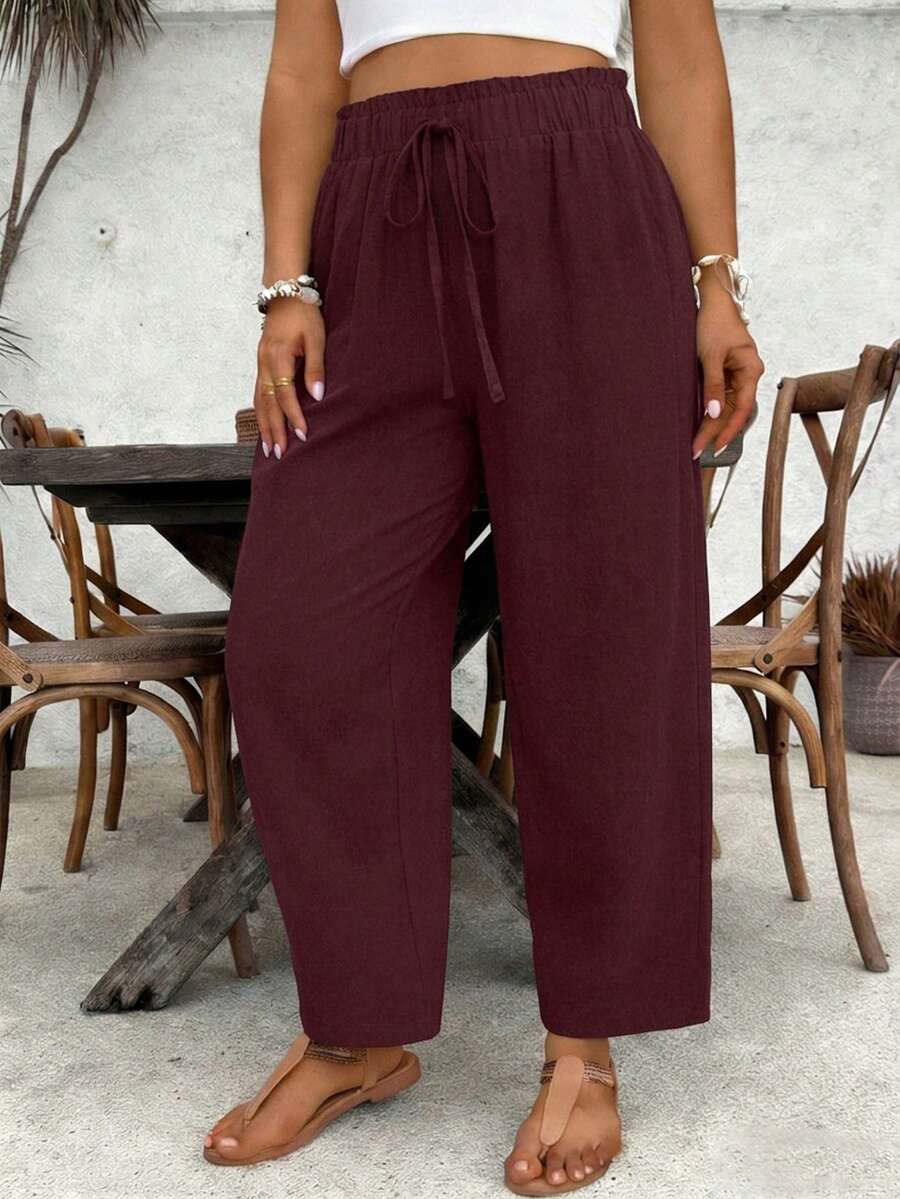 SHEIN VCAY Plus Size Casual Solid Color Drawstring Waist Tapered Pants Fall - Burgundy - View 1